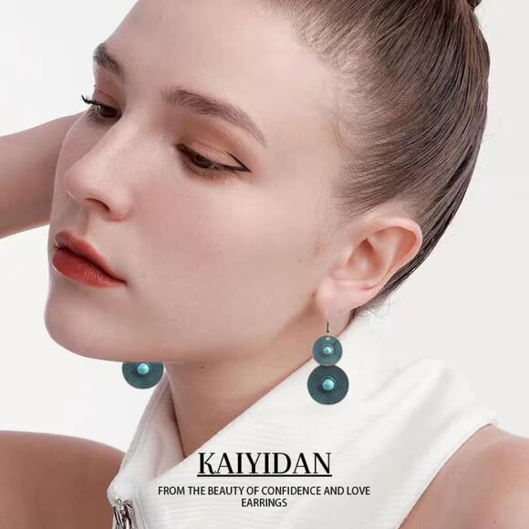 Turquoise Two loops Bronze Vintage Long Summer Earring for Women Jewelry - Picture 6 of 9